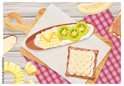 Bruschetta with kiwi and banana topping on the table background