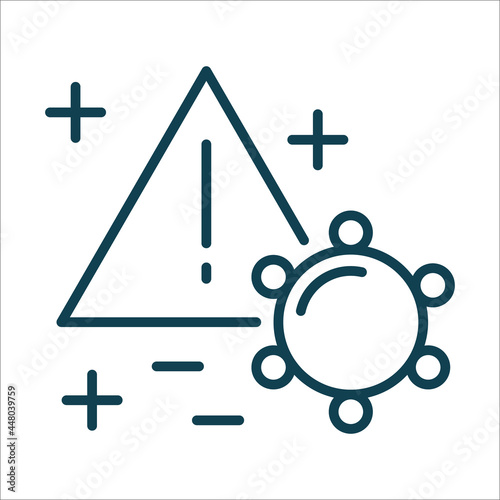 Virus and Exclamation point line icon isolated. Editable stroke symbol. Vaccines against virus, vaccination sheldule, anti vaccine, shield virus. Flu, hepatitis, measles covid prevention