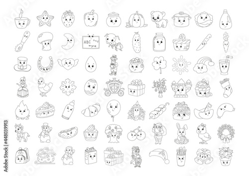 Coloring book for kids. Cheerful characters. Vector illustration. Cute cartoon style. Black contour silhouette. Isolated on white background. Christmas, summer, animals, vegetables, food, easter.