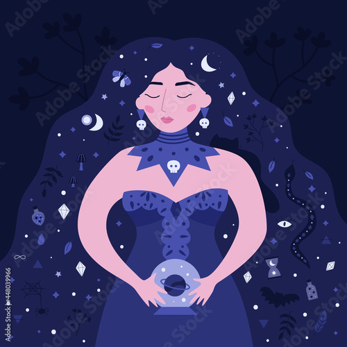 Beauty witch with crystal ball. In her long hair are poisons, elixirs, magic symbols, cat, snake, moon and spider. Female fortune teller. Vector Halloween illustration. Cartoon character.