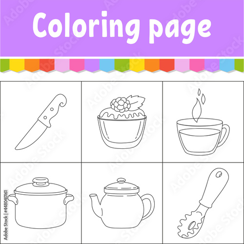 Dishware theme. Coloring book page for kids. Cartoon style. Vector illustration isolated on white background.