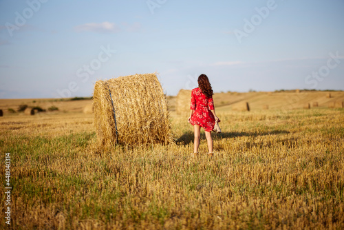 Portrait of beautiful young woman with long hair in floral dress in the summer field near haystacks on sunset.