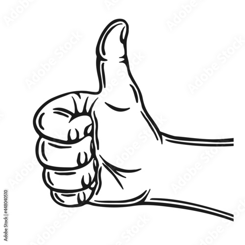 Hand gesture. Okey sign. Thumb up. Outline silhouette. Design element. Vector illustration isolated on white background. Template for books, stickers, posters, cards, clothes.