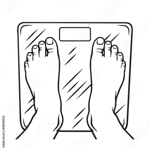 Human feet are on the scales. Outline silhouette. Design element. Vector illustration isolated on white background. Template for books, stickers, posters, cards, clothes.
