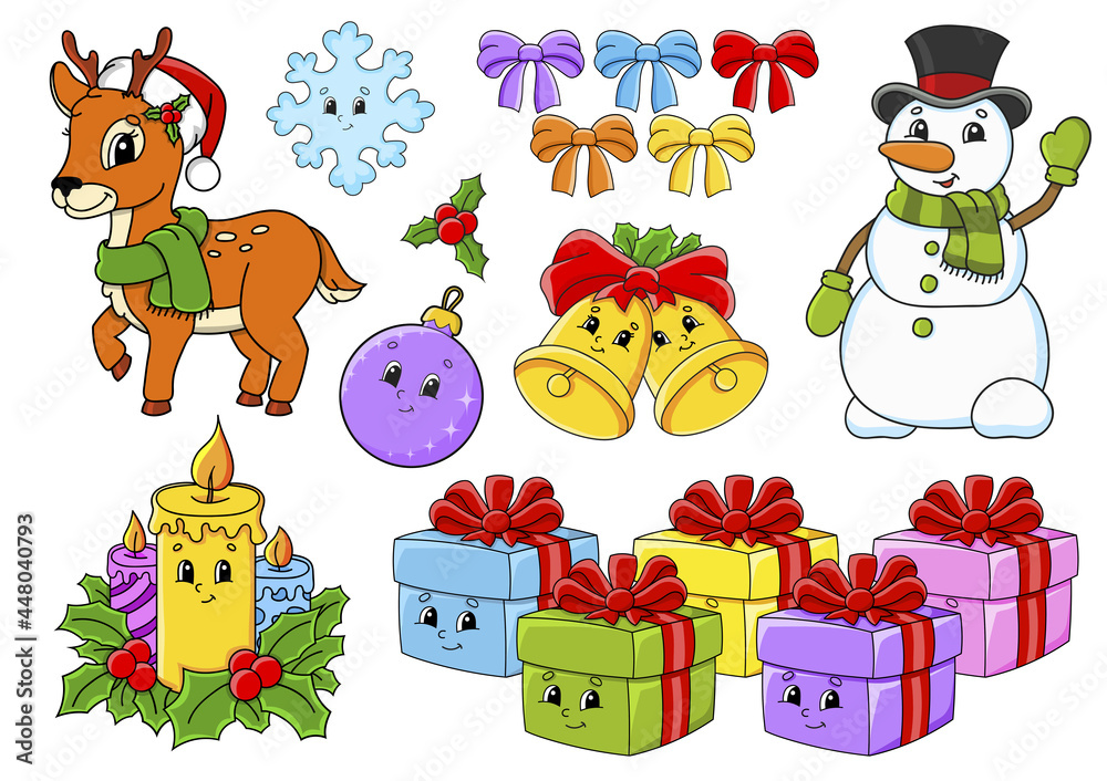 Naklejka premium Set of stickers with cute cartoon characters. Christmas theme. Hand drawn. Colorful pack. Vector illustration. Patch badges collection. Label design elements. For daily planner, diary, organizer.