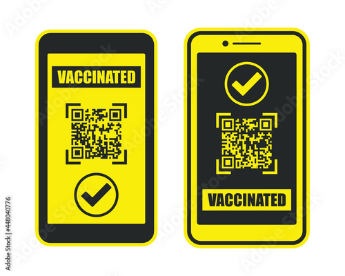 Vaccinated health passport smartphone screen icon. Vaccine corona passport icon  logo symbol sign. Vector illustration image. Isolated on white background.