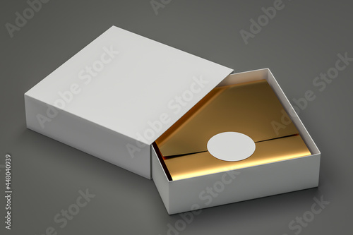 Sleeve drawer box with golden wrapping foil paper mock up. Package blank Sliding drawer white Cardboard Box mockup for corporate branding. Slide elegant gift box. Place for logo 3d render