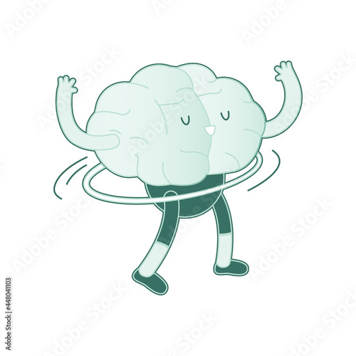 Happy Brain Black and White Color with Hands Up and Hula Hoop. Modern Flat Vector Illustration. Train Your Brain. Social Media Template.
