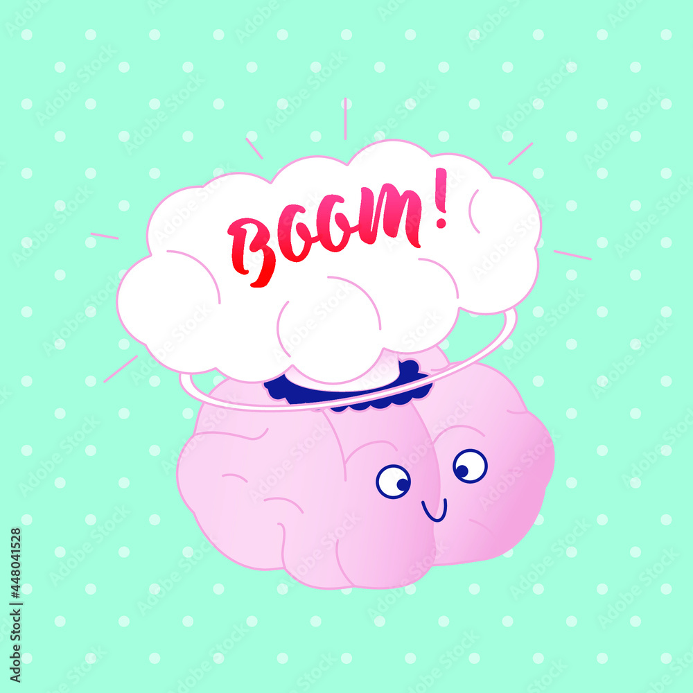 Card Brain with Cloud Exploded with Word Boom on Colorful Background. Modern Flat Vector Illustration. Train Your Brain. Social Media Template. Card Brain with Cloud Exploded with Word Boom on Colorful Background. Modern Flat Vector Illustration. Train Your Brain. Social Media Template.