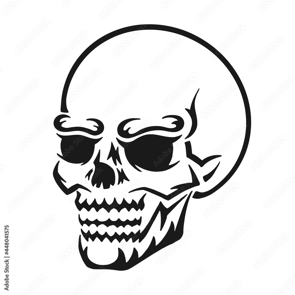 Human skull. Outline silhouette. Design element. Vector illustration isolated on white background. Template for books, stickers, posters, cards, clothes.