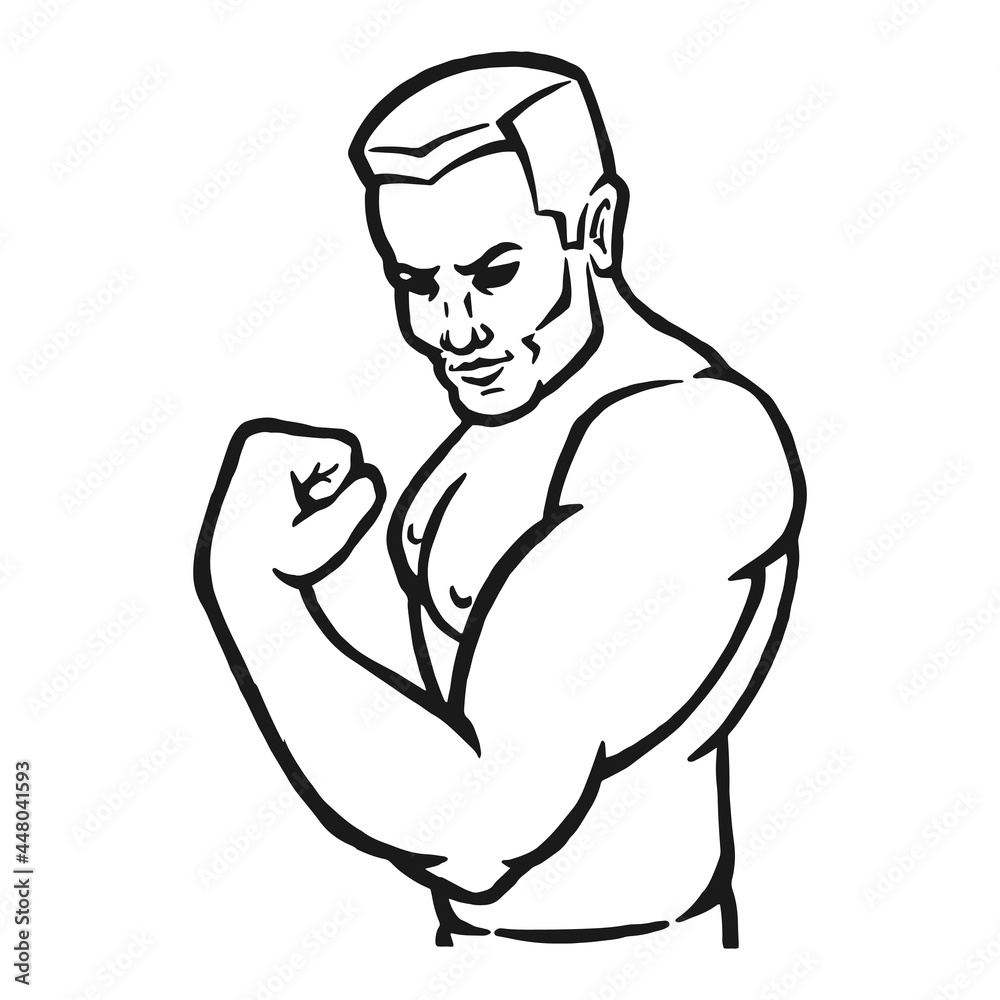 Male bodybuilder flexing his biceps. Outline silhouette. Design element. Vector illustration isolated on white background. Template for books, stickers, posters, cards, clothes. Male bodybuilder flexing his biceps. Outline silhouette. Design element. Vector illustration isolated on white background. Template for books, stickers, posters, cards, clothes.