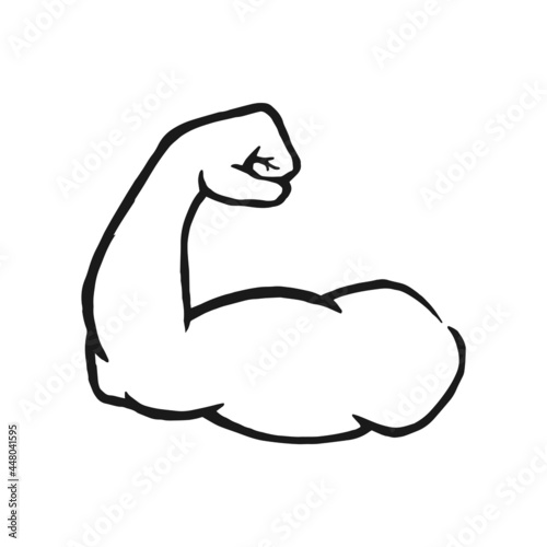 Muscular arm of a bodybuilder. Outline silhouette. Design element. Vector illustration isolated on white background. Template for books, stickers, posters, cards, clothes.