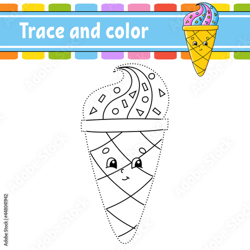 Trace and color. Birthday theme. Coloring page for kids. Handwriting practice. Education developing worksheet. Activity page. Game for toddlers. Isolated vector illustration. Cartoon style.