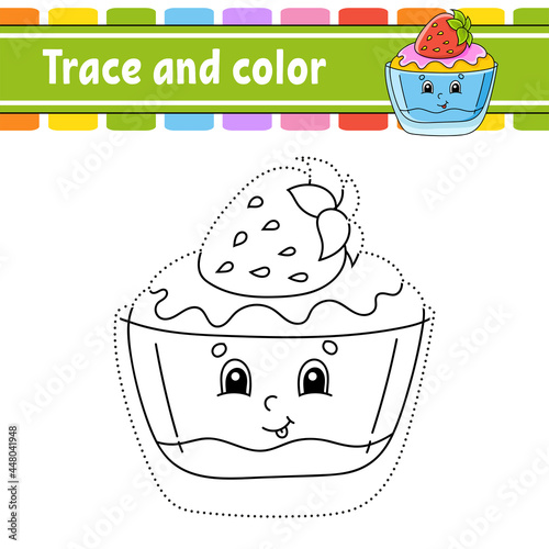 Trace and color. Birthday theme. Coloring page for kids. Handwriting practice. Education developing worksheet. Activity page. Game for toddlers. Isolated vector illustration. Cartoon style.