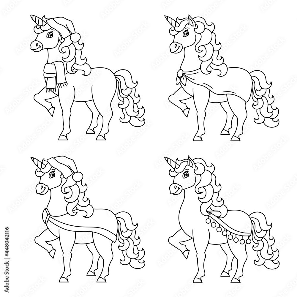Cute unicorn. Magic fairy horse. Coloring book page for kids. Christmas theme. Cartoon style. Vector illustration isolated on white background.