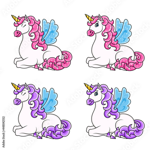 Cute unicorn with wings. Magic fairy horse. Cartoon character. Colorful vector illustration. Isolated on white background. Design element. Template for your design  books  stickers  cards.