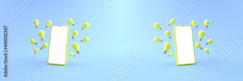 3D rendering of Smartphone white screen surrounded by Many yellow light bulbs float on pastel blue floor. Concept of money and Business on mobile, Creative ideas on phone, isolated on blue background.