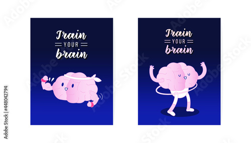 Set Cards Train Your Brain. Brain Show It's Biceps, Happy Brain with Hands Up and Hula Hoop on Dark Background. Modern Flat Vector Illustration. Lettering Composition. Social Media Template. 