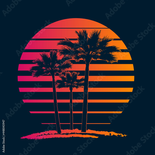 Sunset on tropical beach with palm tree. Sun on evening sea.