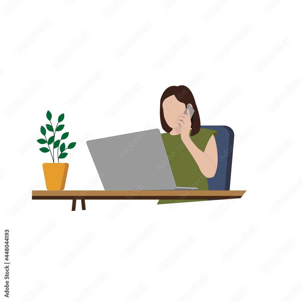 Business woman at work desk with laptop. Freelancer or office worker. Vector iillustration in flat style. Woman uses laptop and phone while working on a project in the office. Office work at the table Business woman at work desk with laptop. Freelancer or office worker. Vector iillustration in flat style. Woman uses laptop and phone while working on a project in the office. Office work at the table