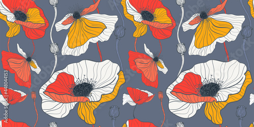 Summer white and red poppy flowers for seamless pattern