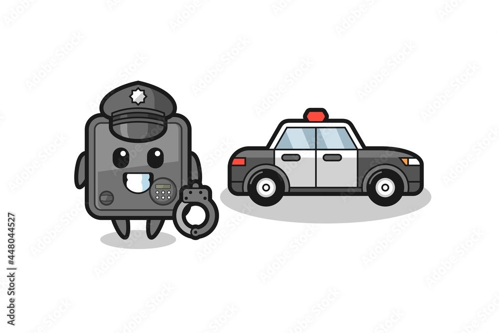 Cartoon mascot of safe box as a police