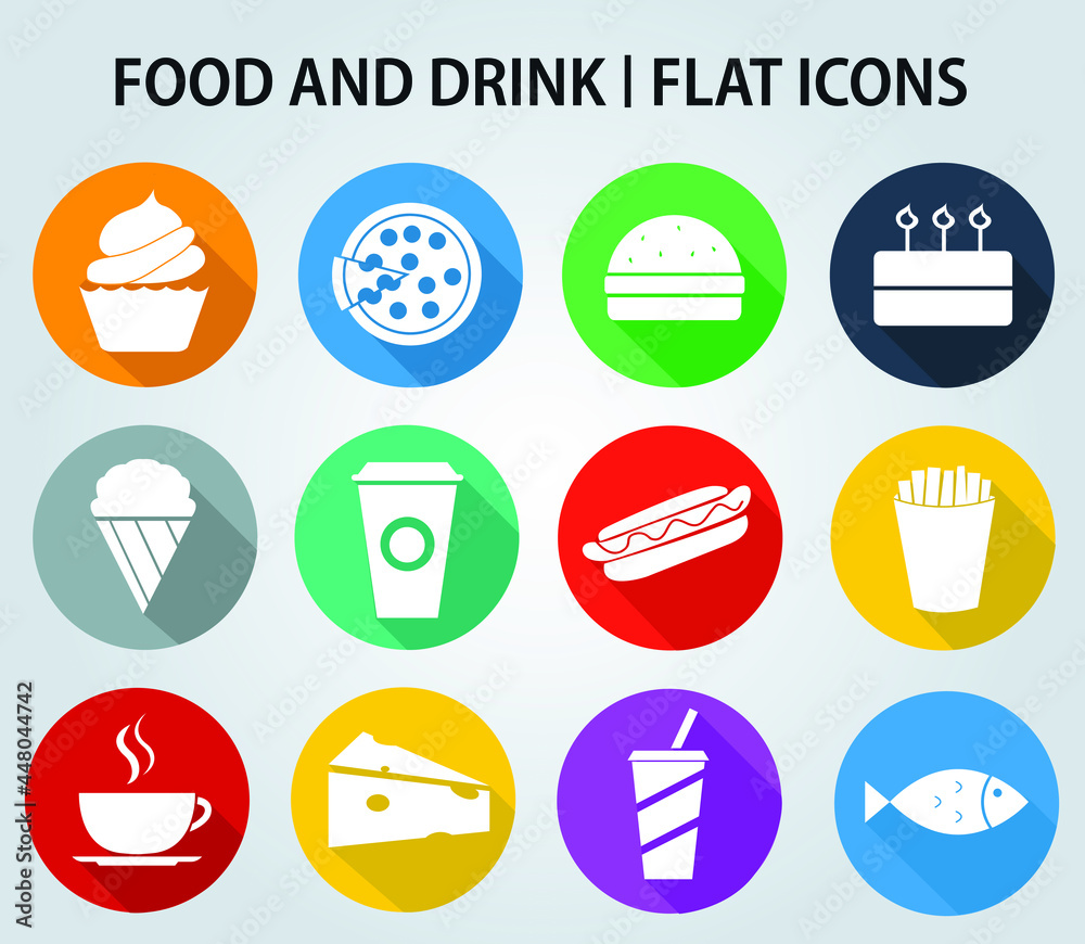 Set Of Colourful Food And Drink Icons In Flat. Set Of Colourful Food And Drink Icons In Flat.