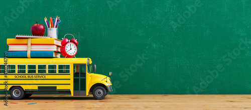 School bus arriving with school accessories and books. Ready for school concept background 3D Rendering, 3D Illustration