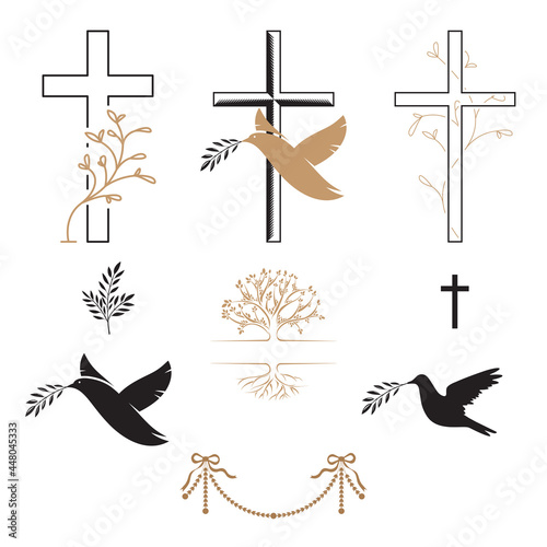 Funeral icons. Cross, dove, flower, bird. Mourning wishes, condolence. Vector illustration isolated on white background, EPS 10 photo