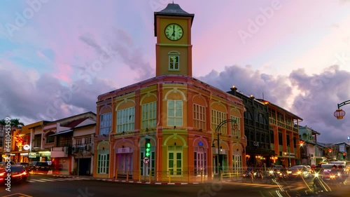 Phuket city Thailand Amazing Beautiful buildings in Phuket Old Town with Sino-Portuguese architecture  one of the landmarks in Phuket City at night beautiful light show on 26-July-2021