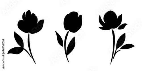 Vector set of black silhouettes of flowers isolated on a white background.