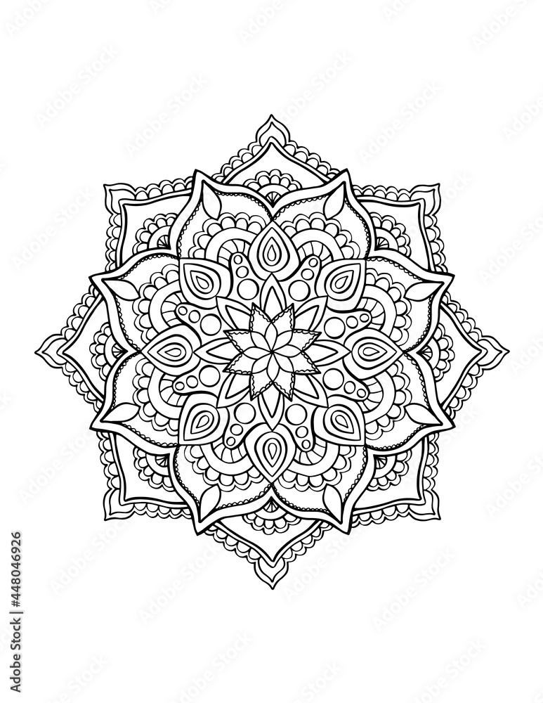 Mandala coloring book page, indian motif drawing outline, mandala tattoo design