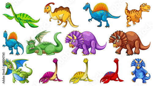 Different dinosaurs cartoon character and fantasy dragons isolated