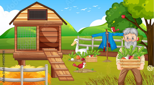 Farm scene with old farmer man and farm animals