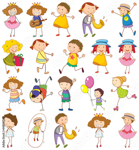 Set of different kids in doodle style