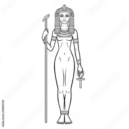 Animation portrait Ancient Egyptian Goddess  holds symbols of power: staff and cross. Vector illustration isolated on a white background. 