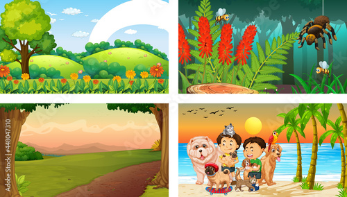 Four different scenes with children cartoon character