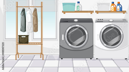 Laundry room scene with washing machine and clothes hanger