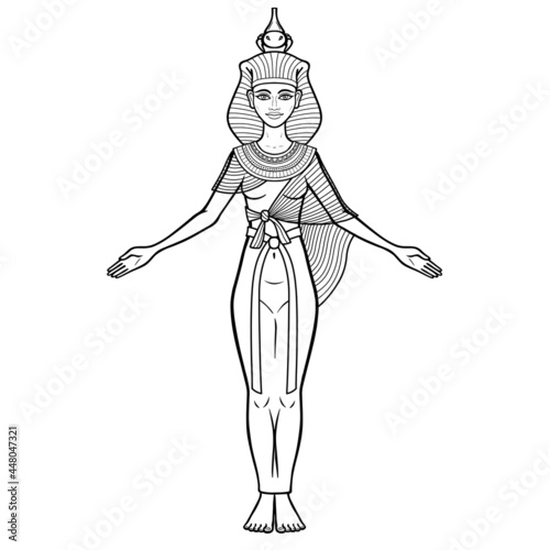 Animation portrait Ancient Egyptian goddess Selket. Lord of  scorpions and defender of the dead. Vector illustration isolated on a white background. 