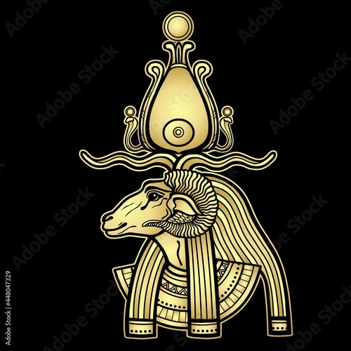 Animation portrait Ancient Egyptian god Khnum. Deity of Nile source, god with ram. Profile view. Gold Imitation. Vector illustration isolated on a black background. Print, poster, t-shirt