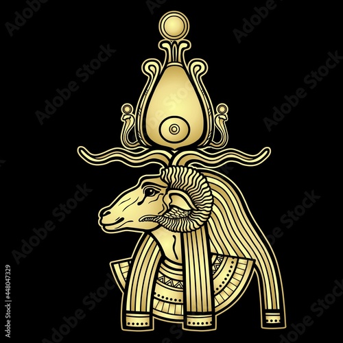 Animation portrait Ancient Egyptian god Khnum. Deity of Nile source, god with ram. Profile view.  Gold Imitation. Vector illustration isolated on a black background. Print, poster, t-shirt