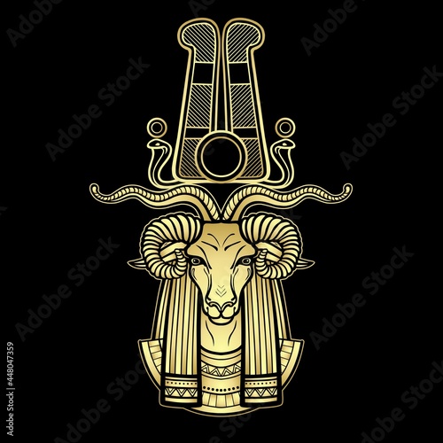 Animation portrait Ancient Egyptian god Khnum. Deity of Nile source, god with ram. Gold Imitation. Vector illustration isolated on a black background. Print, poster, t-shirt