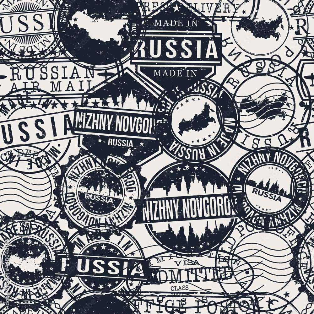 Nizhny Novgorod, Nizhny Novgorod Oblast, Russia Stamps Background. A City Stamp Vector Art. Set of Postal Passport Travel. Design Set Pattern.