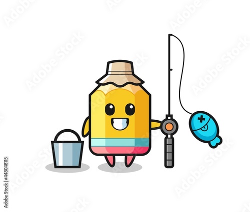 Mascot character of pencil as a fisherman