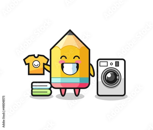 Mascot cartoon of pencil with washing machine
