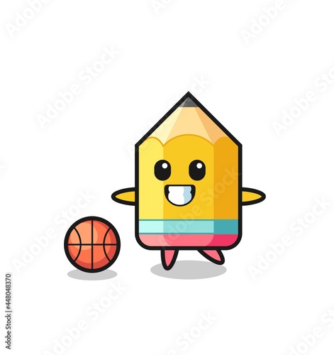 Illustration of pencil cartoon is playing basketball