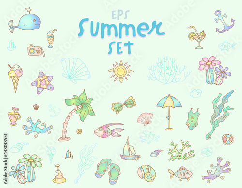 Summer Set - vector elements: beach, fishes, underwater, ice-cream, anchor - cute hand-drawn doodles with a pastel palette.
