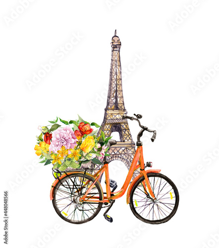 Bicycle with flowers in basket, Eiffel tower in Paris, France. Watercolor © zzorik