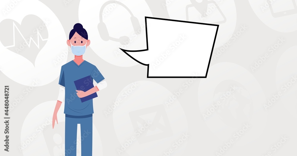 Composition of doctor wearing mask icon and speech bubble over digital icons on grey background Composition of doctor wearing mask icon and speech bubble over digital icons on grey background