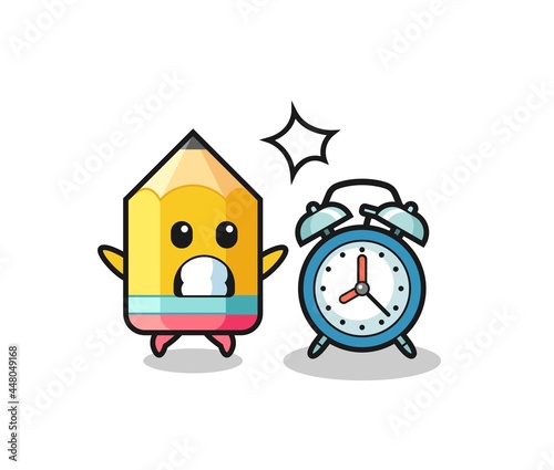 Cartoon Illustration of pencil is surprised with a giant alarm clock